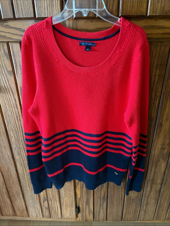 Tommy Hilfiger Sweaters - Tommy Hilfiger Red and Navy Striped Crewneck Sweater women Size M